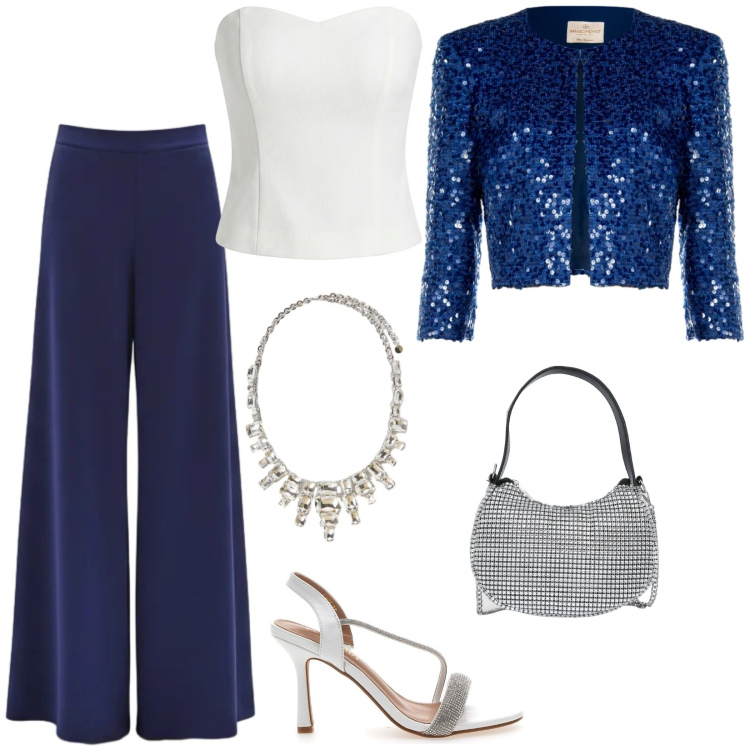 Outfit donna - Total look #2449294. Stile Sexy per Serata fuori. Abbinamento con borse a spalla, bolero, pantaloni a palazzo, top, collane, sandali col tacco.
