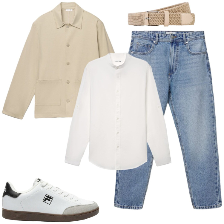 Outfit uomo - Pranzo rilassato. Stile Casual per Ufficio. Abbinamento con sneakers, cinture, jeans, camicie, cappotti.