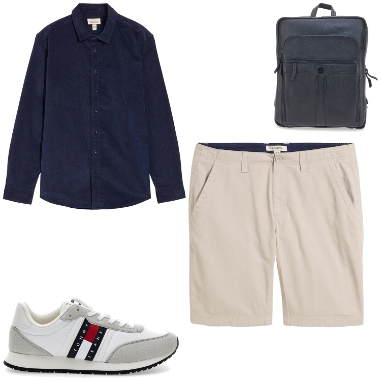 Outfit uomo - Total look #2449306. Stile Casual per Tutti i giorni. Abbinamento con pantaloncini sportivi, bermuda, camicie, sneakers, borse sportive.