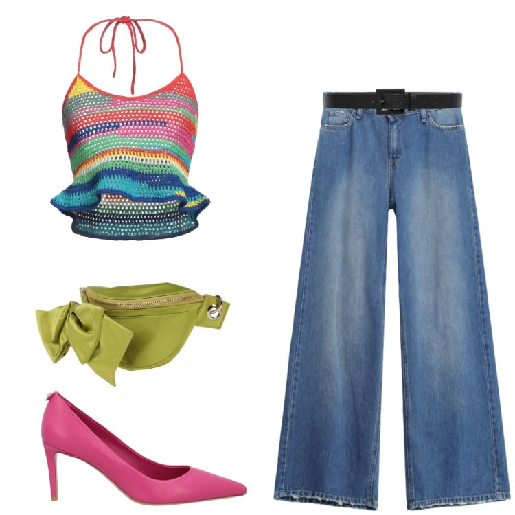 Outfit donna - Total look #2449309. Stile Trendy per Tutti i giorni. Abbinamento con décolleté, top, marsupi, jeans, cinture.