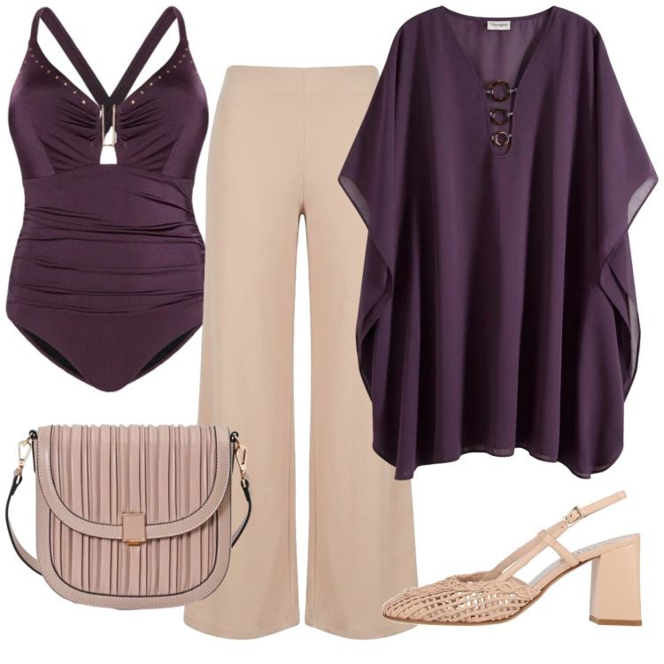 Outfit donna - Cambio al volo per la cena. Stile Chic per Mare. Abbinamento con décolleté, vestiti da spiaggia, borse a tracolla, pantaloni a palazzo, costumi interi.