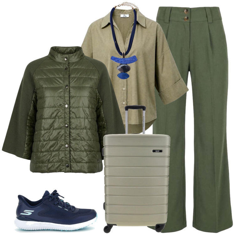 Outfit donna - Total look #2449312. Stile Casual per Tutti i giorni. Abbinamento con camicie, pantaloni, blazer, ciondoli, sneakers, valigie.
