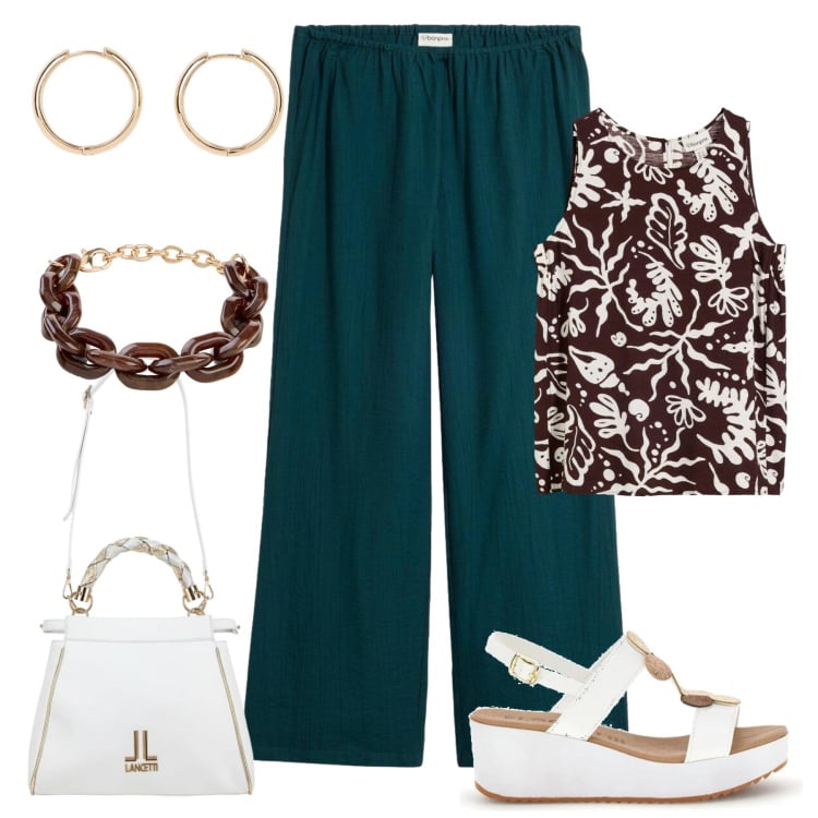 Outfit donna - Cena vista mare. Stile Casual chic per Serata fuori. Abbinamento con top, pantaloni, orecchini, braccialetti, zeppe, borse a tracolla.