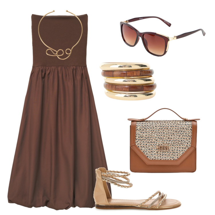 Outfit donna - Sere d’estate in maxi dress. Stile Casual chic per Serata fuori. Abbinamento con occhiali da sole, vestiti midi/longuette, collane, braccialetti, pochette, sandali.