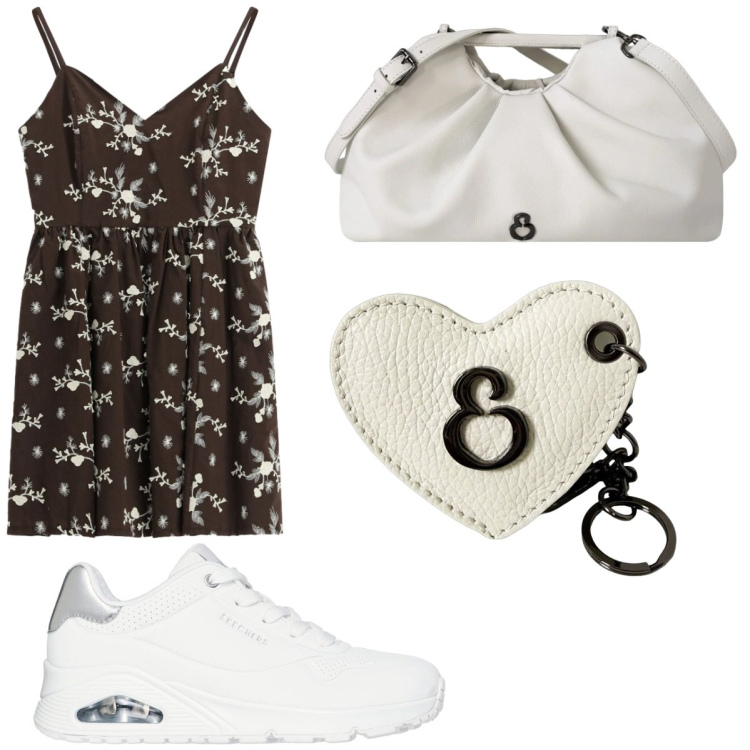 Outfit donna - Summer Holidays. Stile Romantica per Tutti i giorni. Abbinamento con vestiti corti, clutch, portachiavi, sneakers.