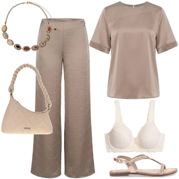 Outfit donna - Monochrome outfit. Stile Minimal per Tutti i giorni. Abbinamento con reggiseni, bluse, pantaloni a palazzo, collane, borse a spalla, sandali.