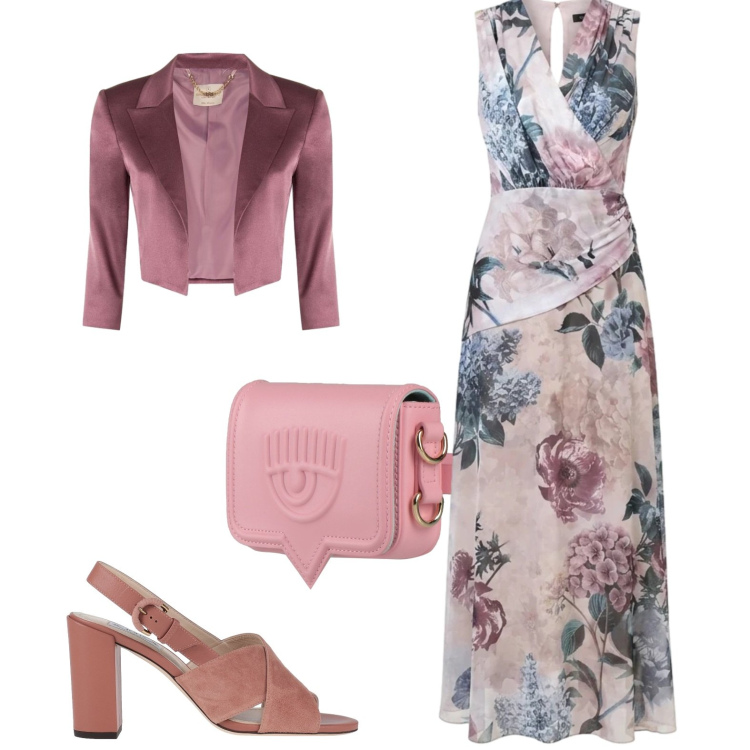 Outfit donna - Serata. Stile Casual chic per Serata fuori. Abbinamento con sandali in pelle, marsupi, vestiti lunghi, bolero.
