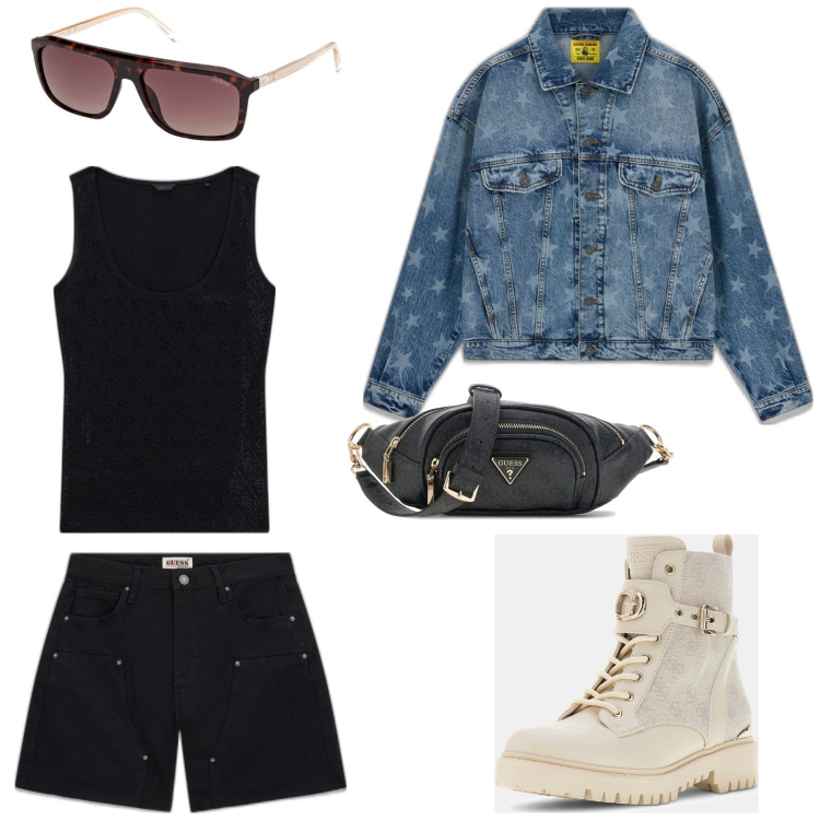 Outfit mujer - Casual chic #10422. Estilo Casual chic para Todos los días. Combinación con pantalones cortos, blazers, botas, gafas de sol, camisetas sin mangas, riñoneras.