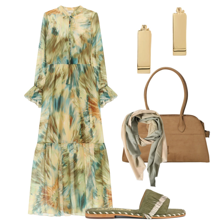 Outfit donna - Maxi dress bohémien. Stile Boho per Tutti i giorni. Abbinamento con borse a spalla, vestiti lunghi, orecchini, foulard, ciabatte.