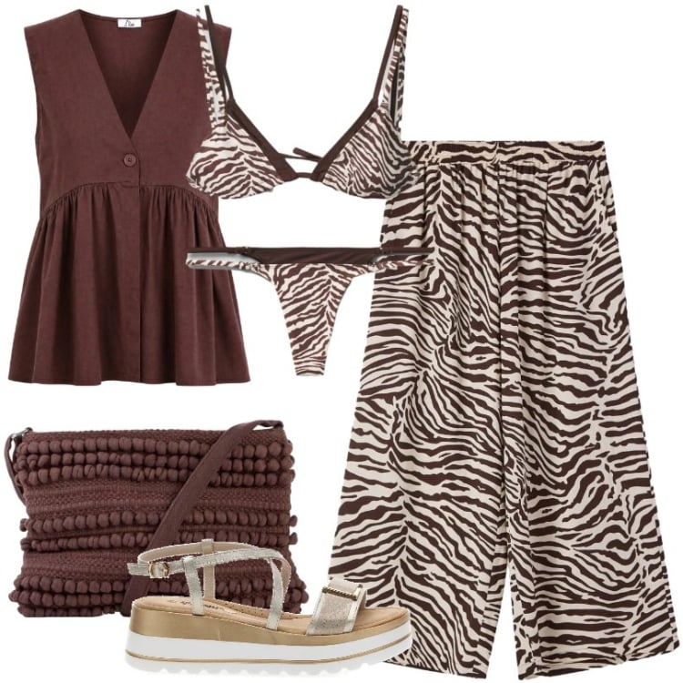 Outfit donna - Per un\'estate fresca e comoda. Stile Casual per Mare. Abbinamento con borse a tracolla, pantaloni, bikini, bikini, gilet, sandali.