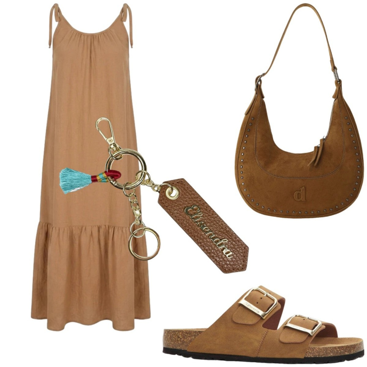Outfit donna - Summer Holidays. Stile Boho per Tutti i giorni. Abbinamento con ciabatte, borse a spalla, vestiti, portachiavi.