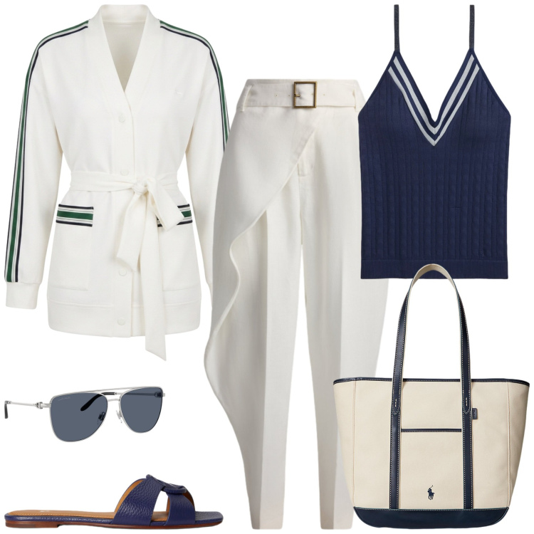 Outfit donna - Riviera chic. Stile Casual chic per Tutti i giorni. Abbinamento con cardigans, borse tote, canottiere, pantaloni, sandali in pelle, occhiali da sole.