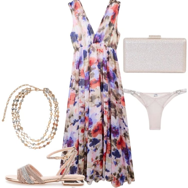 Outfit donna - Battesimo low cost a spiaggia. Stile Chic per Cerimonia. Abbinamento con vestiti lunghi, perizomi, clutch, collane, sandali.