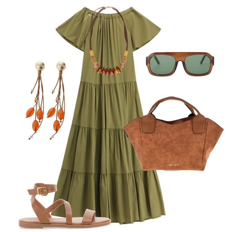 Outfit donna - Abito scollo bardot. Stile Trendy per Tutti i giorni. Abbinamento con occhiali da sole, orecchini, vestiti lunghi, collane, sandali in pelle, borse a mano.