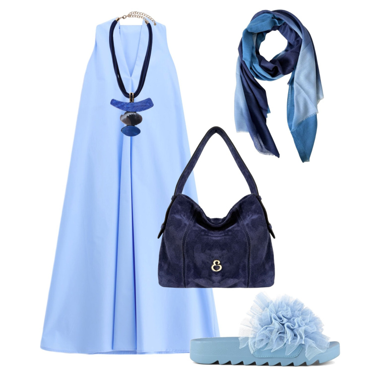 Outfit donna - Azzurro e blu daily. Stile Casual chic per Tutti i giorni. Abbinamento con vestiti midi/longuette, ciondoli, foulard, borse a spalla, ciabatte.
