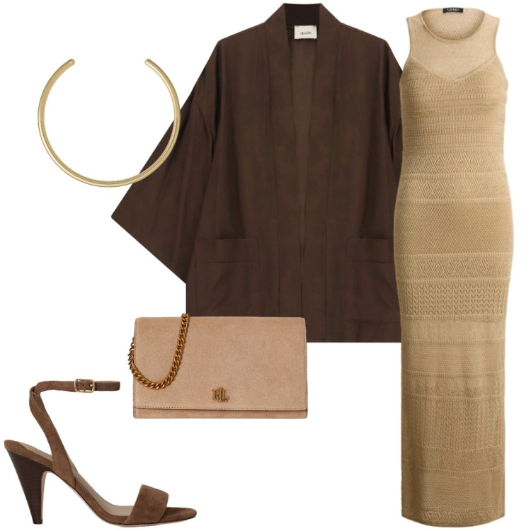 Outfit donna - Maxi dress di agosto. Stile Casual chic per Serata fuori. Abbinamento con kimono, vestiti lunghi, collane, borse a tracolla, sandali in pelle.