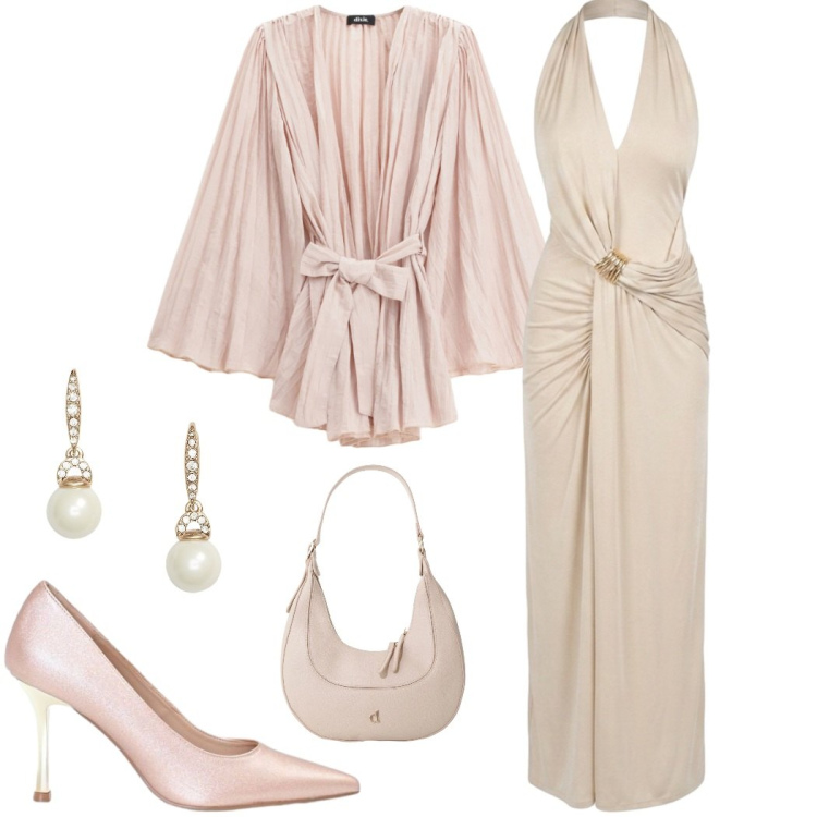 Outfit donna - Maxi dress. Stile Chic per Cerimonia. Abbinamento con borse a tracolla, blazer, décolleté, vestiti lunghi, orecchini.