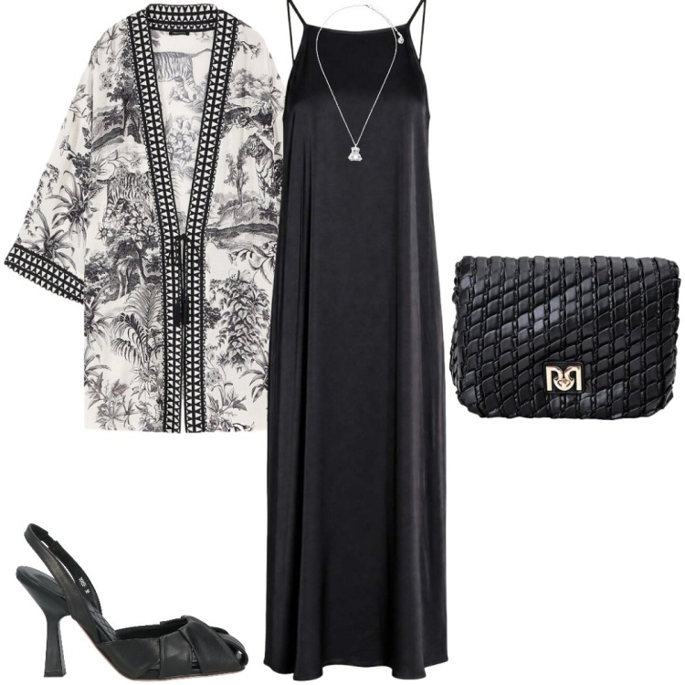 Outfit donna - Caftani e kimono. Stile Chic per Serata fuori. Abbinamento con décolleté, vestiti lunghi, borse a tracolla, caftani, ciondoli.