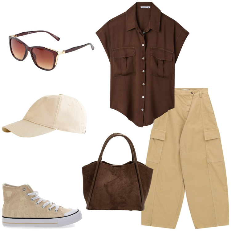 Outfit donna - Total look #2449346. Stile Trendy per Tutti i giorni. Abbinamento con cappelli con visiera, occhiali da sole, camicie a manica corta, pantaloni cargo, borse a spalla, sneakers.