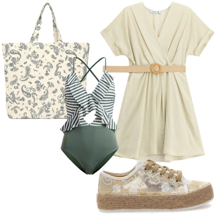 Outfit donna - Caftani e kimono leggeri. Stile Boho per Mare. Abbinamento con costumi interi, shopping bag, vestiti corti, sneakers.