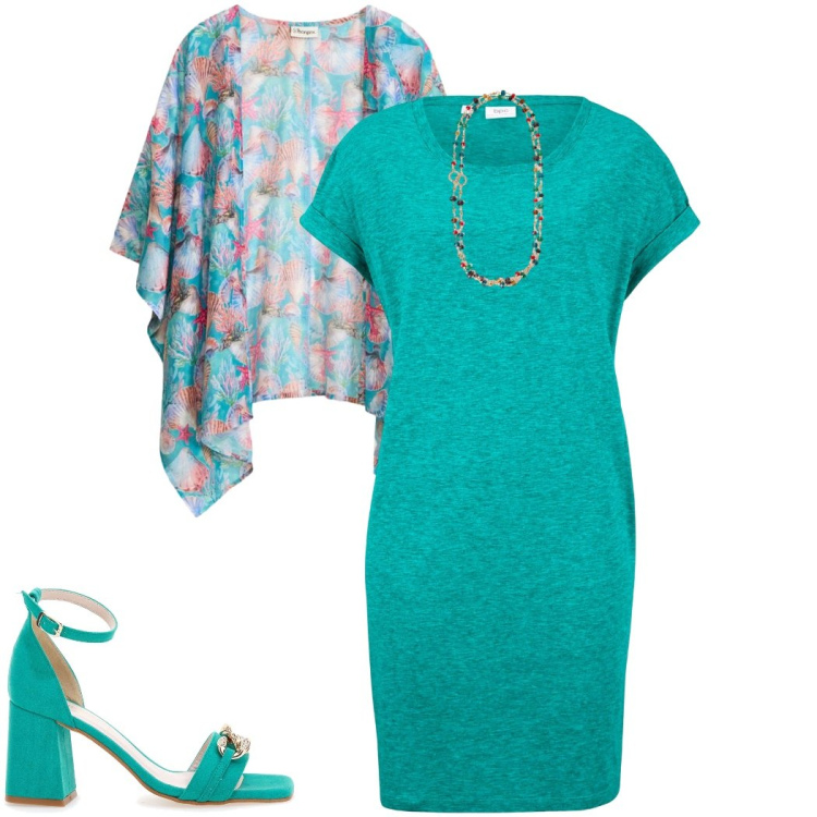 Outfit donna - Caftani e kimono. Stile Casual chic per Serata fuori. Abbinamento con vestiti, kimono, collane, sandali col tacco.