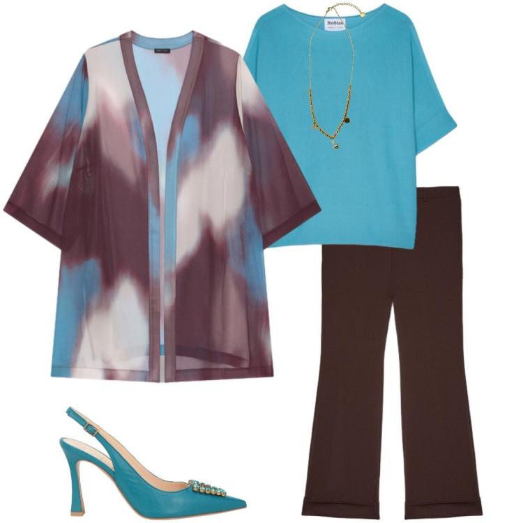 Outfit donna - Caftani e kimono. Stile Casual chic per Tutti i giorni. Abbinamento con décolleté, t-shirt, kimono, pantaloni, ciondoli.