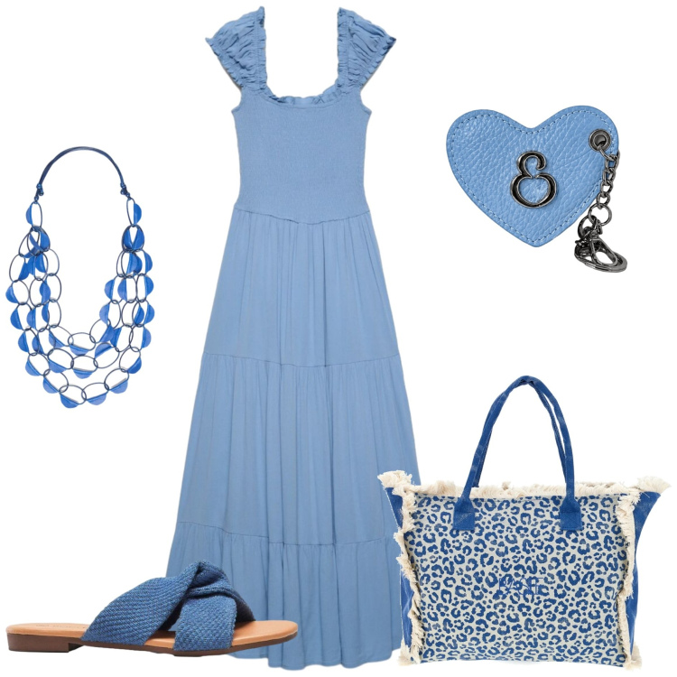 Outfit donna - Il maxi dress - azzurro. Stile Minimal per Tutti i giorni. Abbinamento con ciabatte, vestiti lunghi, collane, portachiavi, shopping bag.