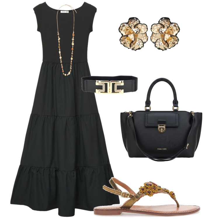 Outfit donna - City maxi dress. Stile Trendy per Tutti i giorni. Abbinamento con vestiti lunghi, orecchini, collane, borse a tracolla, sandali gioiello, cinture.