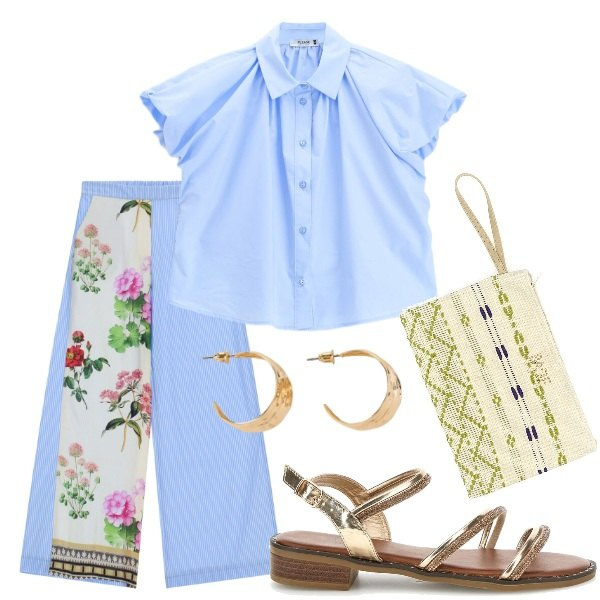 Outfit donna - Serata tra amici. Stile Casual chic per Serata fuori. Abbinamento con orecchini, pantaloni a palazzo, camicie a manica corta, pochette, sandali col tacco.