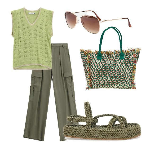 Outfit donna - Estate. Stile Casual per Tutti i giorni. Abbinamento con occhiali da sole, pantaloni cargo, top, sandali, shopping bag.