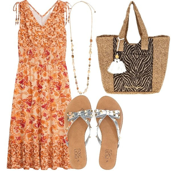 Outfit donna - Estate. Stile Casual per Tutti i giorni. Abbinamento con vestiti, collane, borse a spalla, infradito.