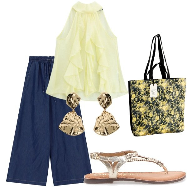 Outfit donna - Serata tra amici. Stile Casual chic per Tutti i giorni. Abbinamento con top, pantaloni a palazzo, orecchini, borse tote, sandali.