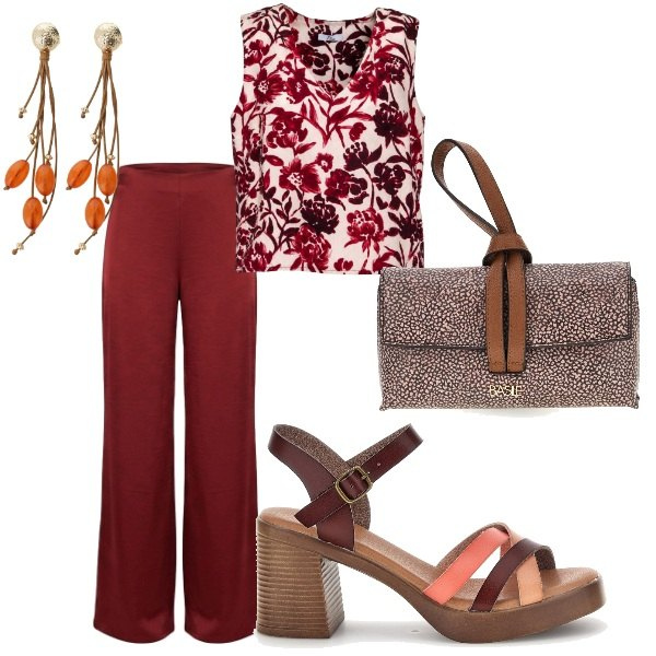 Outfit donna - Serata tra amici. Stile Casual per Serata fuori. Abbinamento con canottiere, orecchini, pantaloni a palazzo, borse a tracolla, sandali col tacco.
