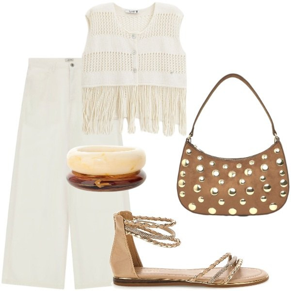 Outfit donna - Serata tra amici. Stile Casual per Serata fuori. Abbinamento con borse a tracolla, top, pantaloni a palazzo, braccialetti, sandali.