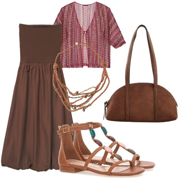 Outfit donna - Serata tra amici. Stile Casual chic per Serata fuori. Abbinamento con borse a tracolla, vestiti midi/longuette, collane, kimono, sandali gioiello.