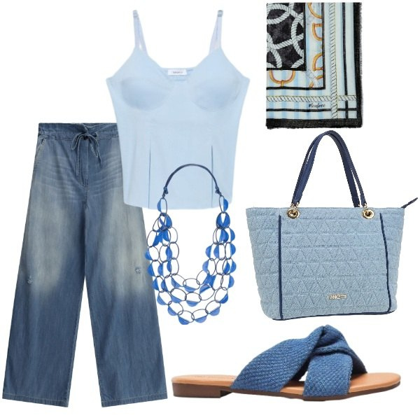 Outfit donna - Serata tra amici. Stile Casual per Tutti i giorni. Abbinamento con ciabatte, canottiere, jeans, collane, foulard, borse a spalla.