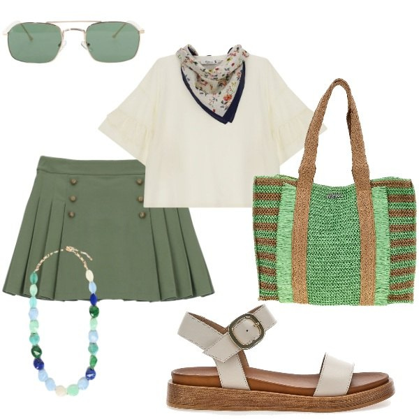 Outfit donna - Estate. Stile Casual per Tutti i giorni. Abbinamento con minigonne, top, occhiali da sole, collane, sandali, borse a spalla.