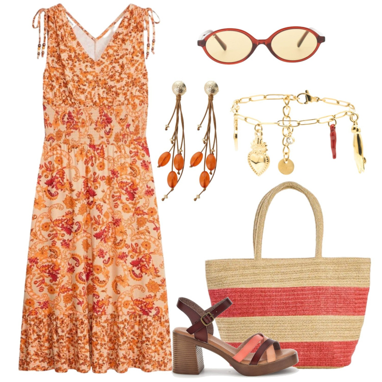 Outfit donna - Floreale e colorata al mercato rionale. Stile Basic per Tutti i giorni. Abbinamento con vestiti, shopping bag, occhiali da sole, orecchini, braccialetti, sandali col tacco.