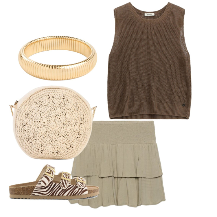 Outfit donna - Crochet e balze. Stile Chic per Tutti i giorni. Abbinamento con borse a tracolla, braccialetti, minigonne, maglieria, sandali in pelle.