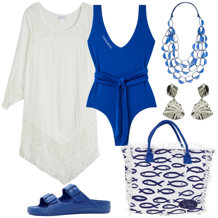 Outfit donna - Ferragosto in spiaggia. Stile Basic per Mare. Abbinamento con ciabatte, vestiti da spiaggia, costumi interi, orecchini, collane, shopping bag.