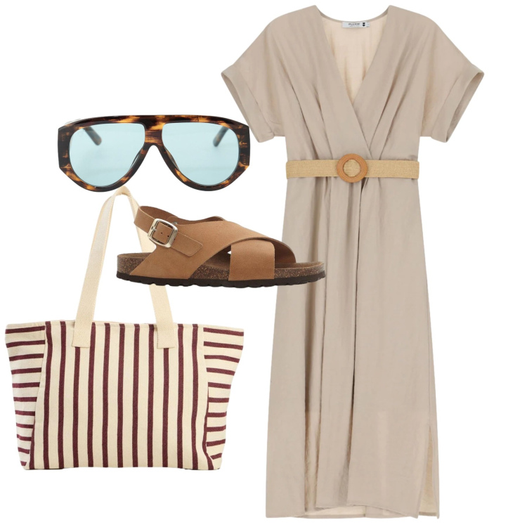Outfit donna - Pomeriggio shopping. Stile Bon Ton per Tutti i giorni. Abbinamento con sandali in pelle, shopping bag, vestiti midi/longuette, occhiali da sole.