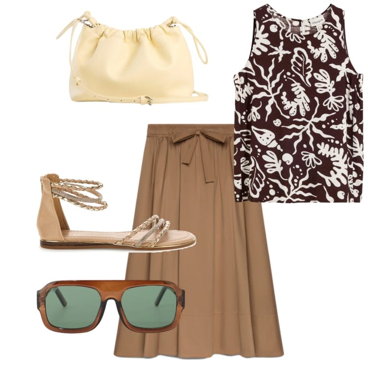 Outfit donna - Stampa. Stile Bon Ton per Ufficio. Abbinamento con borse a tracolla, top, occhiali da sole, gonne lunghe, sandali.