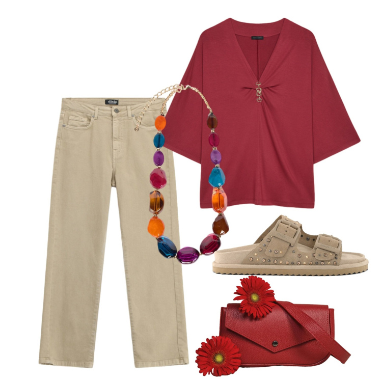 Outfit donna - Rouge. Stile Casual chic per Tutti i giorni. Abbinamento con jeans dritti, borse a tracolla, t-shirt, collane, sandali in pelle.