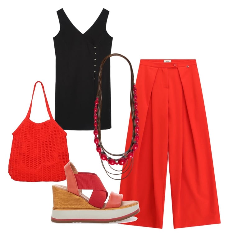 Outfit donna - Tocco rosso. Stile Chic per Tutti i giorni. Abbinamento con shopping bag, pantaloni a palazzo, collane, vestiti a tubino, sandali col tacco.