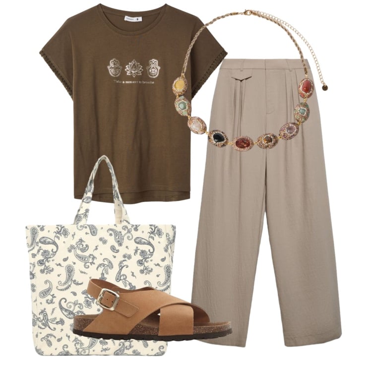Outfit donna - Tonalità terra. Stile Basic per Tutti i giorni. Abbinamento con sandali in pelle, pantaloni, t-shirt, shopping bag, collane.