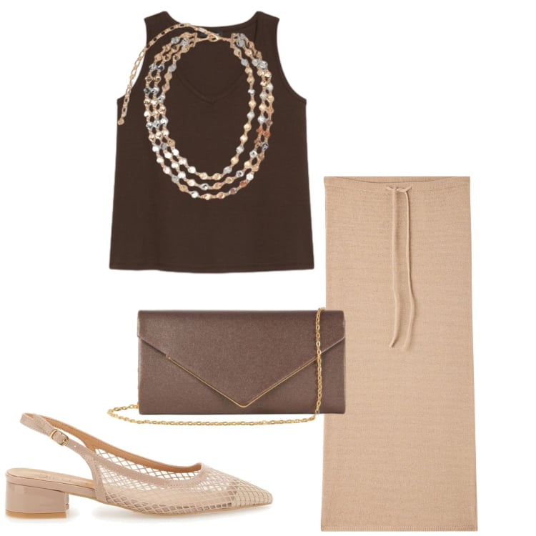 Outfit donna - Marrone chic. Stile Chic per Cerimonia. Abbinamento con gonne lunghe, clutch, canottiere, collane, décolleté.