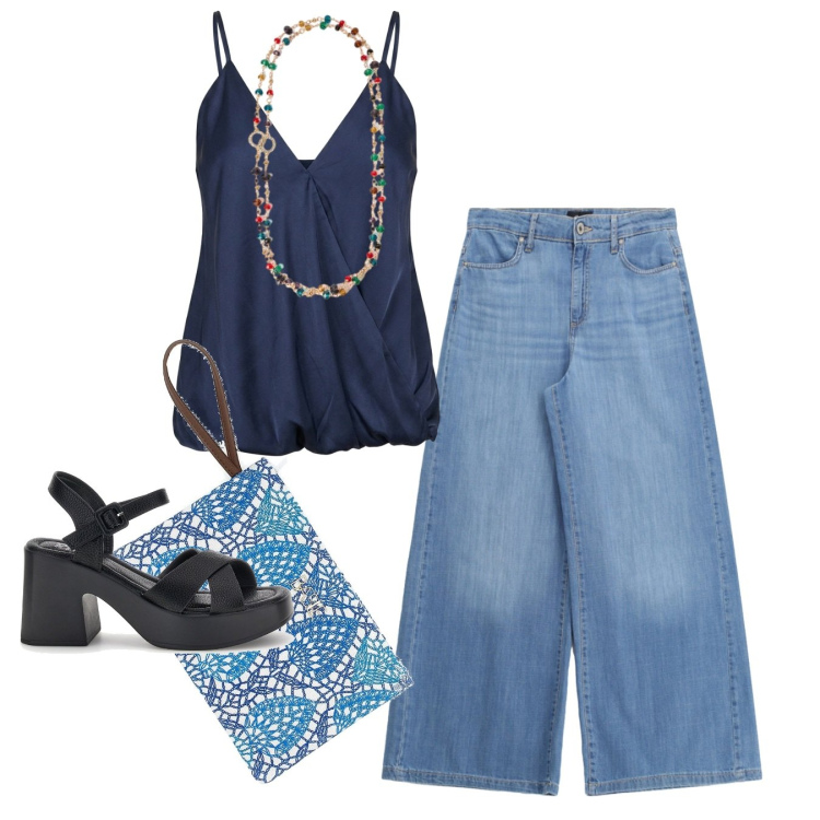 Outfit donna - Volumi. Stile Bon Ton per Tutti i giorni. Abbinamento con jeans, top, collane, pochette, sandali col tacco.