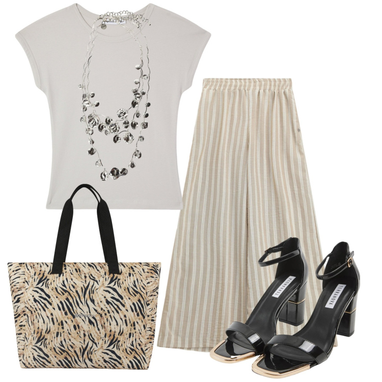 Outfit donna - Sandali neri. Stile Bon Ton per Ufficio. Abbinamento con t-shirt, sabot, pantaloni a palazzo, collane, shopping bag.
