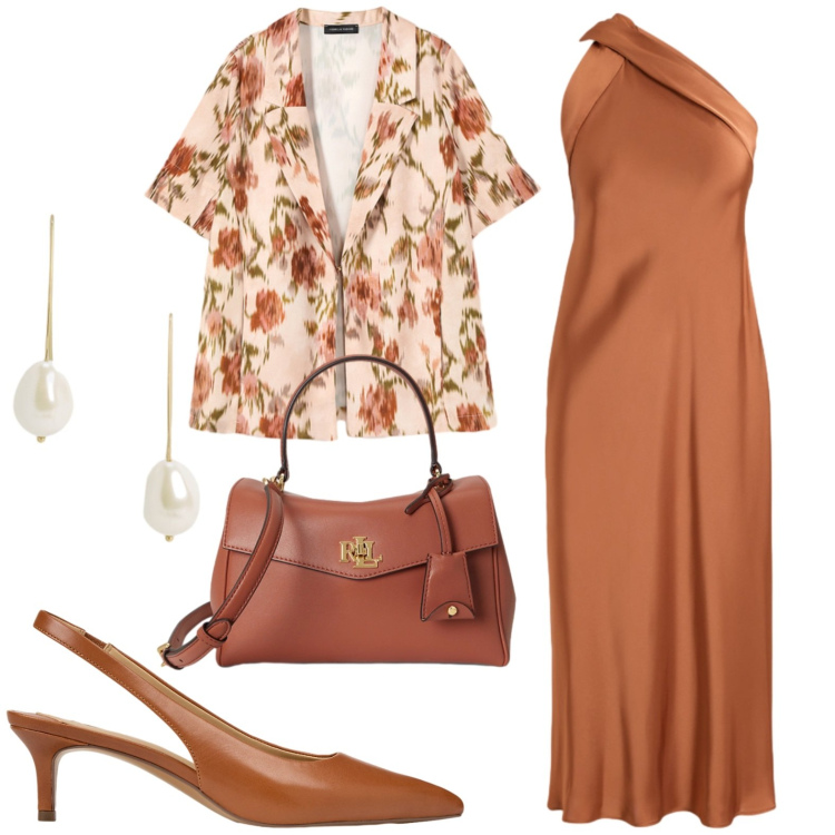Outfit donna - Serata. Stile Chic per Serata fuori. Abbinamento con blazer, vestiti, décolleté, orecchini, borse a mano.