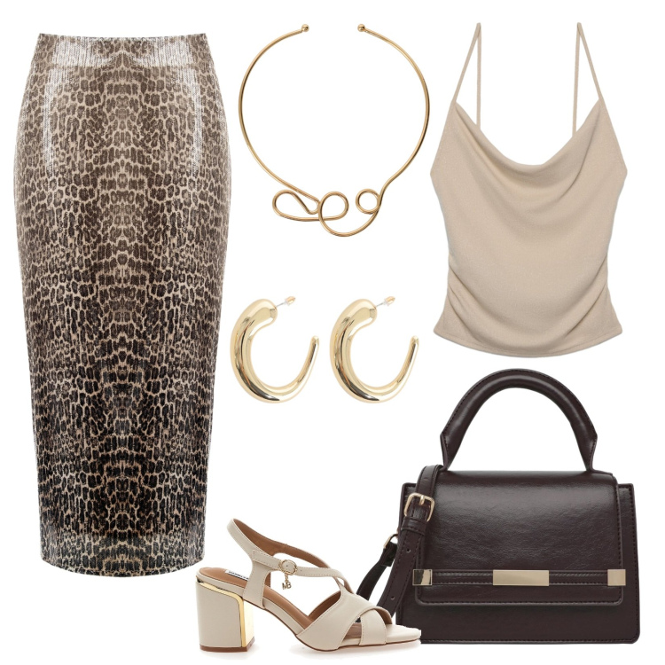 Outfit donna - Cena sotto le stelle. Stile Glamour per Serata fuori. Abbinamento con canottiere, borse a spalla, collane, orecchini, gonne longuette, sandali col tacco.